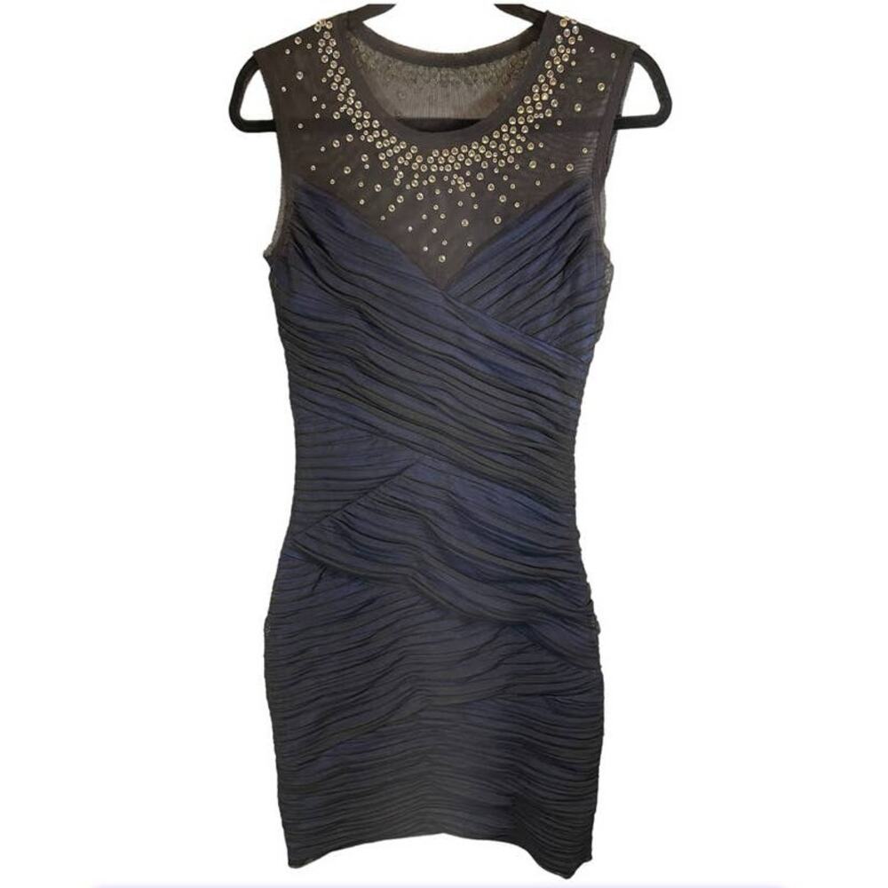BCBG Maxazria Blue Bodycon Dress with Black Mesh Overlay and Rhinestone Details
